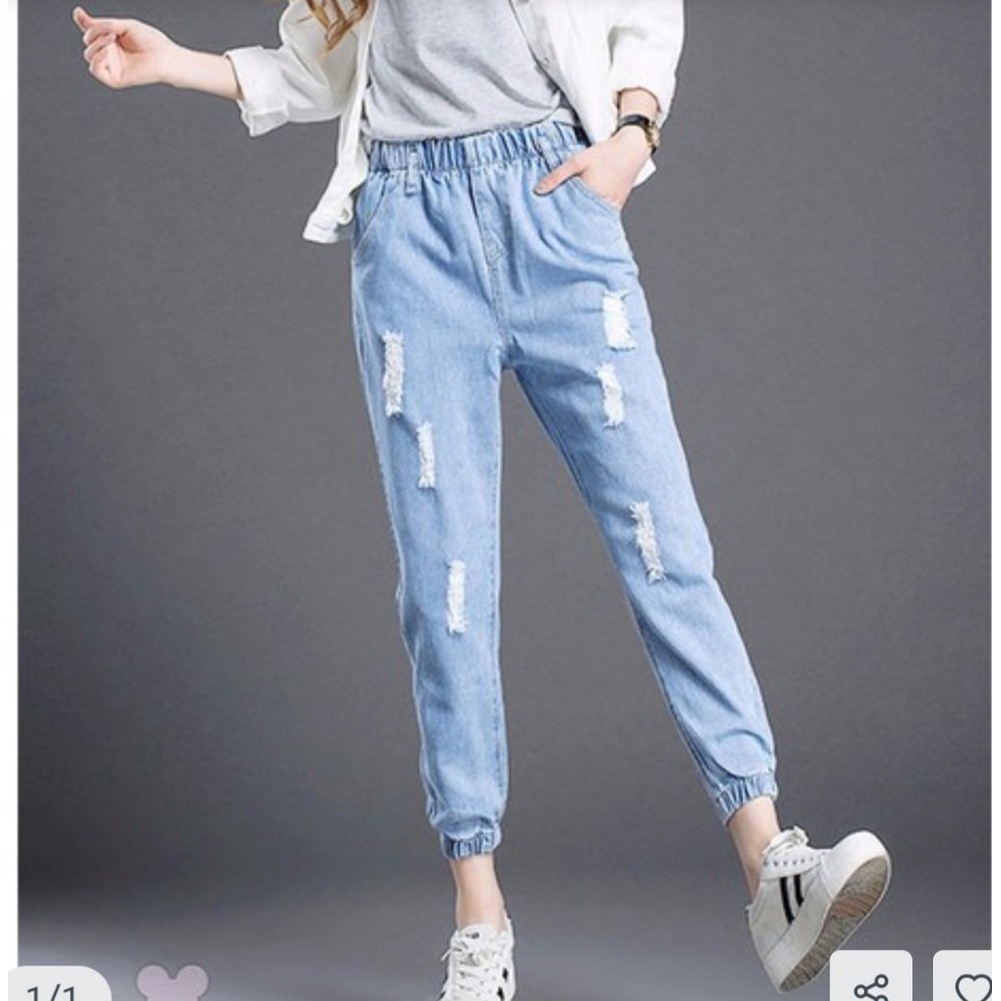Quần baggy jeans nữ form rộng, lưng thun dễ mặc