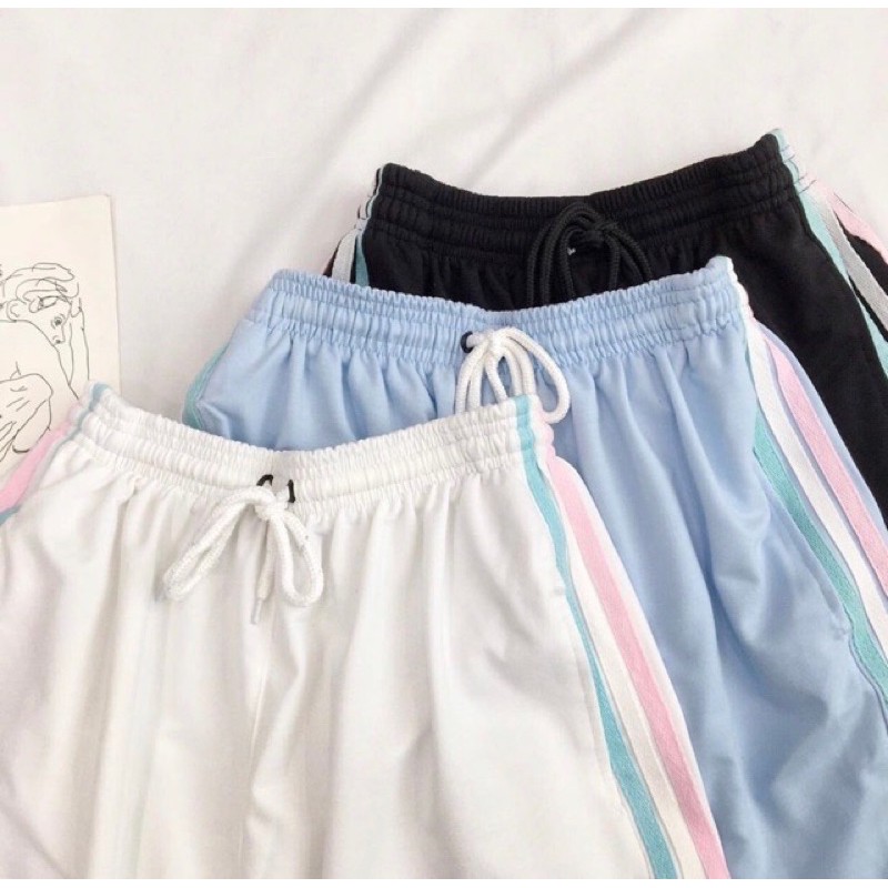 Quần Short Nữ 3 Sọc Thun Unisex Phối Dây Màu Pastel Ulzzang - Kiểu Quần Đùi Sooc Thun Kẻ Sọc Nam Nữ Moonstore