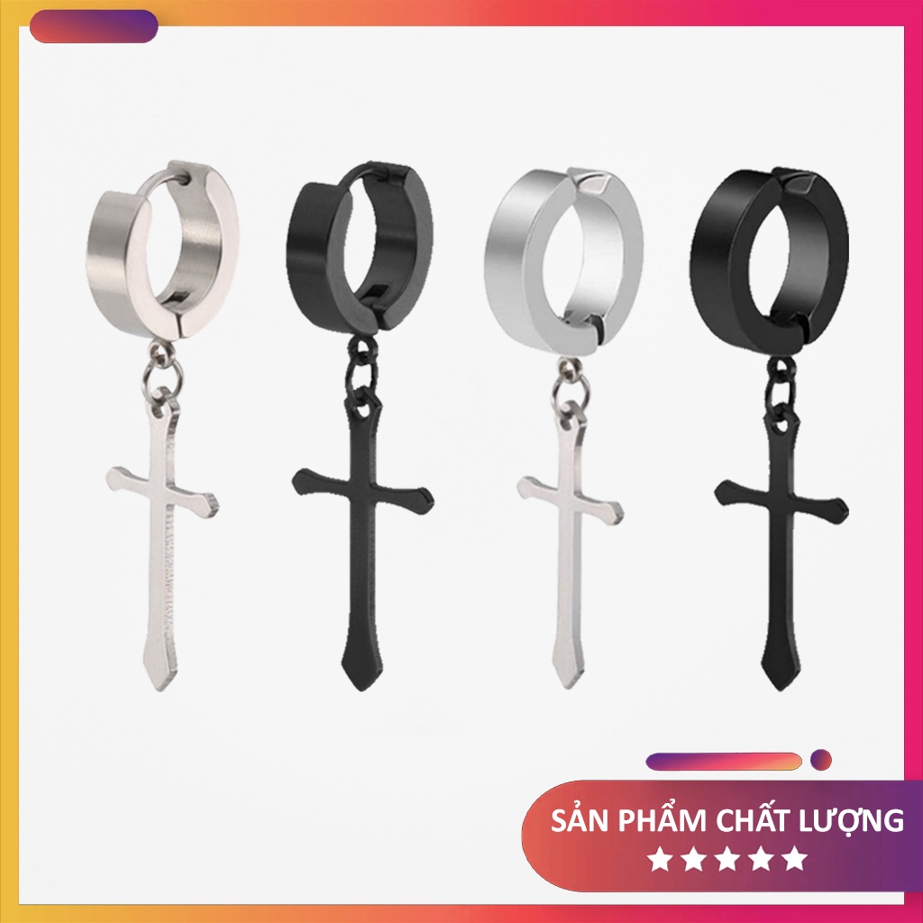 Khuyên tai hình chữ thập, khuyên tai nam nũ không bấm lỗ ,có bấm lỗ phong cách thời trang cá tính, chất liệu Titan