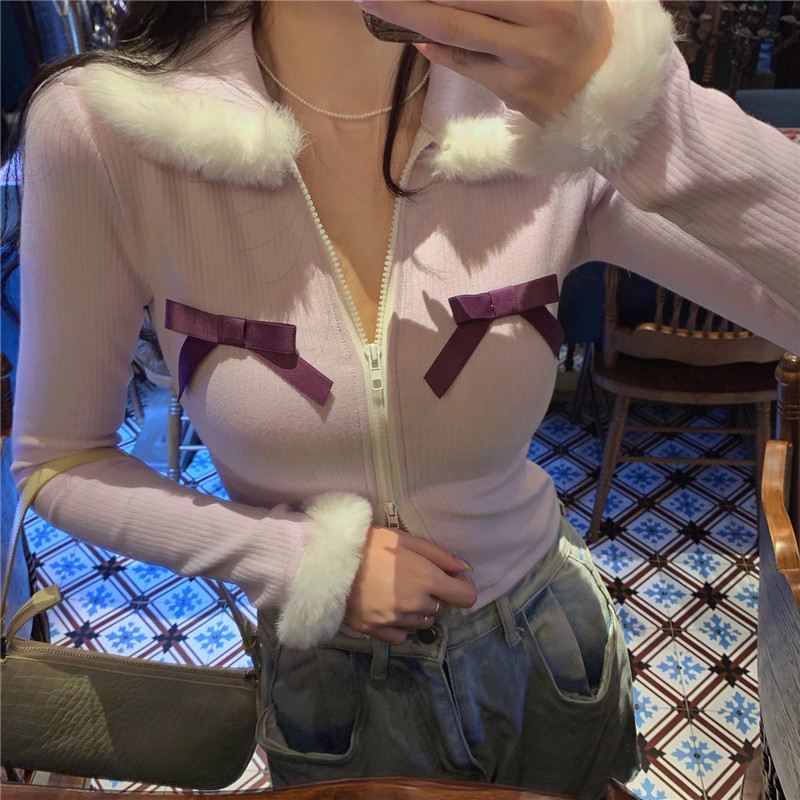 Áo thun dài tay màu tím nhạt phối lông có khóa kéo đính nơ dễ thương thời trang Hàn Quốc cho nữ