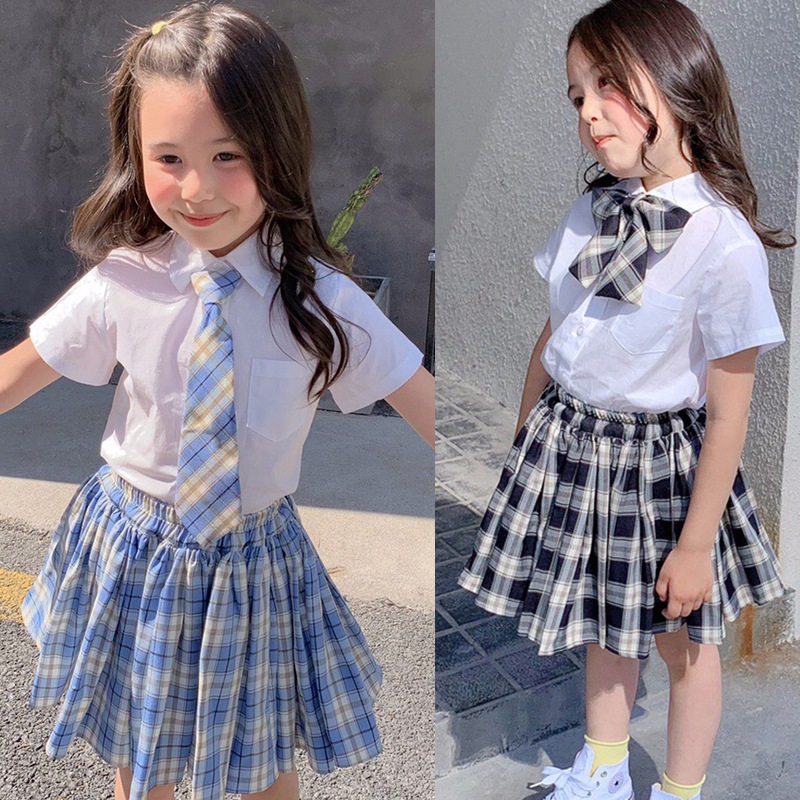 Set Áo Sơ Mi Ngắn Tay + Chân Váy Xếp Li Thời Trang Dễ Thương Cho Bé