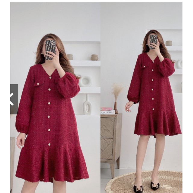 Váy suông dạ tweed cổ V túi nắp đính cúc ngọc, đầm xuông đuôi cá tay bo phồng(ảnh thật còn màu trắng như hình chụp)