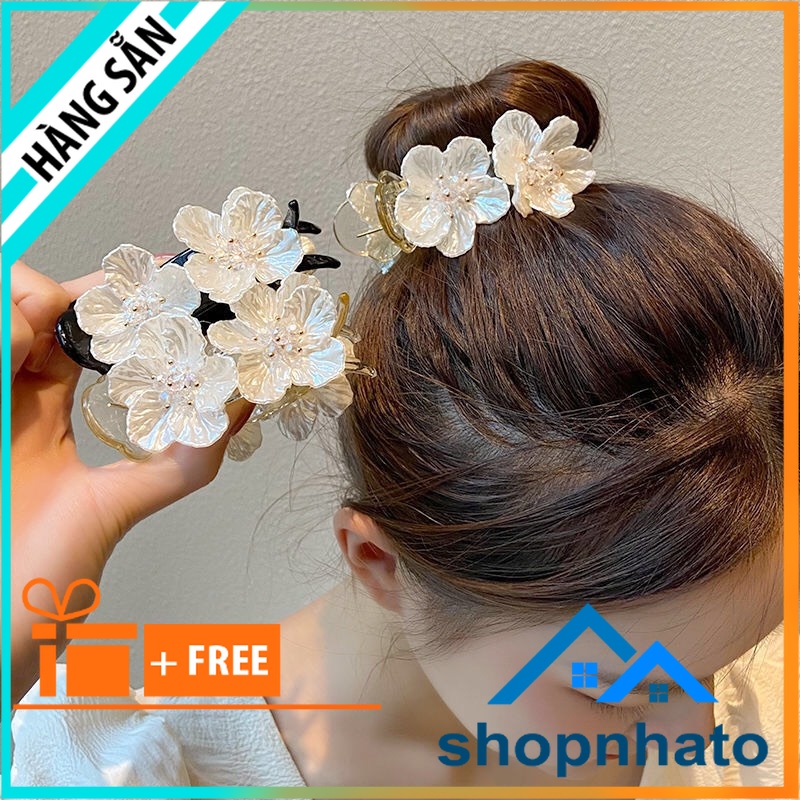 Kẹp tóc càng cua hoa Đào trắng đính đá phong cách dễ thương 2 màu đen,trắng hợp thời trang