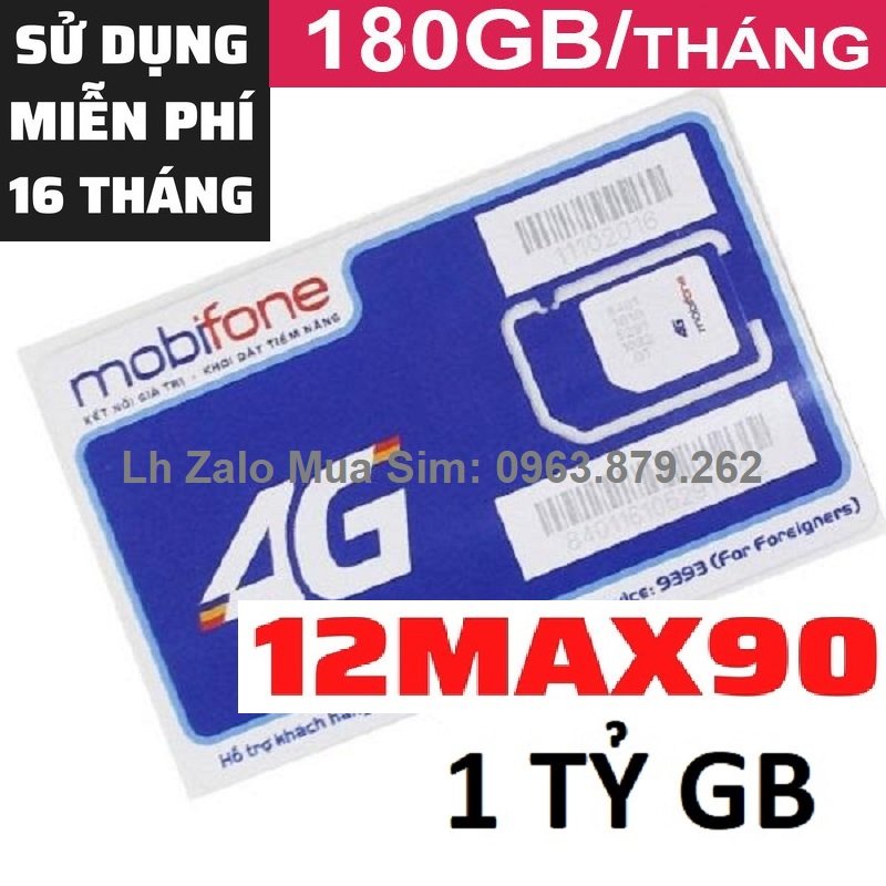 SIM 4G MOBI 12max90 miễn phí 16 tháng 6G 1 ngày
