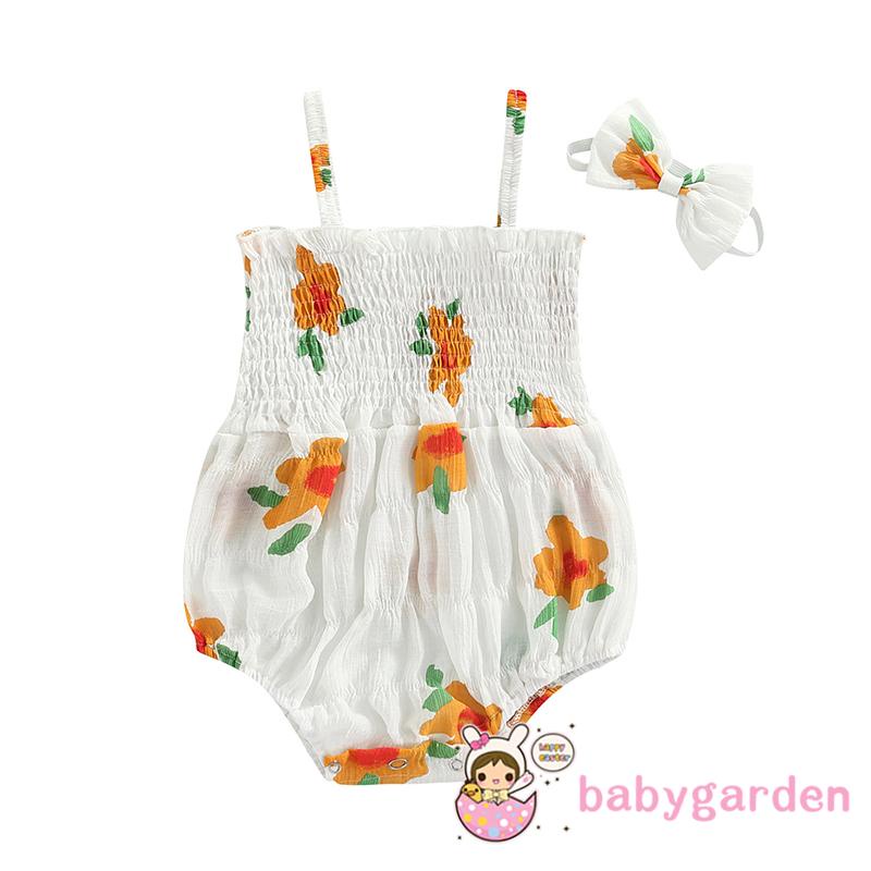 Bộ Áo Liền Quần Hai Dây + Băng Đô Co Giãn In Họa Tiết Hoa Cho Bé Gái 0-24 Tháng Tuổi