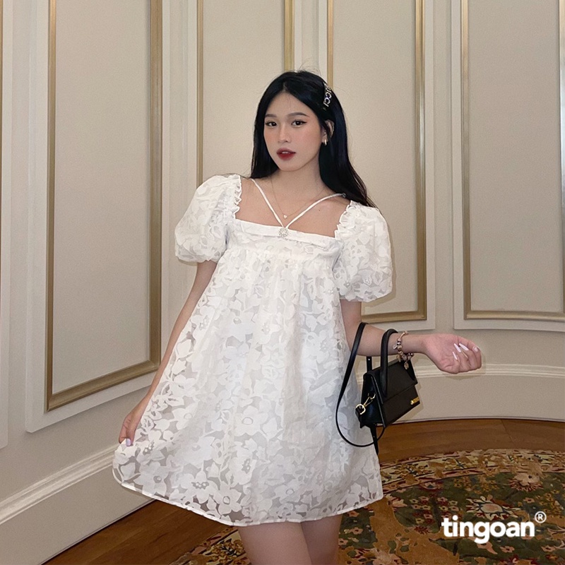 TINGOAN® - Áo babydoll bồng 3 lớp mặc được 2 kiểu vân hoa trắng kèm chi tiết đính cúc ngọc MINI HEART TOP/WH