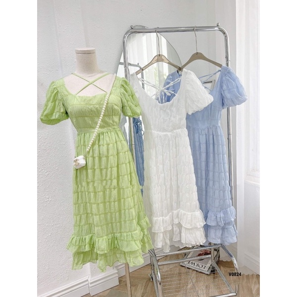 Đầm maxi xốp cổ vuông tay phồng chéo ngực hở lưng có mút ngực hàng hai lớp cao cấp