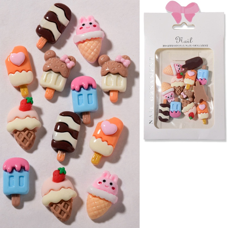 Set 12 Phụ Kiện Trang Trí Móng Tay Nghệ Thuật Hình Hoa / Gấu / Kem / Trái Tim Xinh Xắn