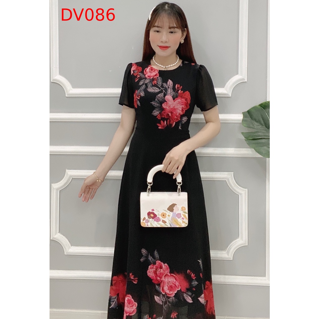 Đầm Trung Niên Nữ Thiết Kế Cao Cấp Họa Tiết Hoa Mẫu Đơn Sang Trọng-DV086