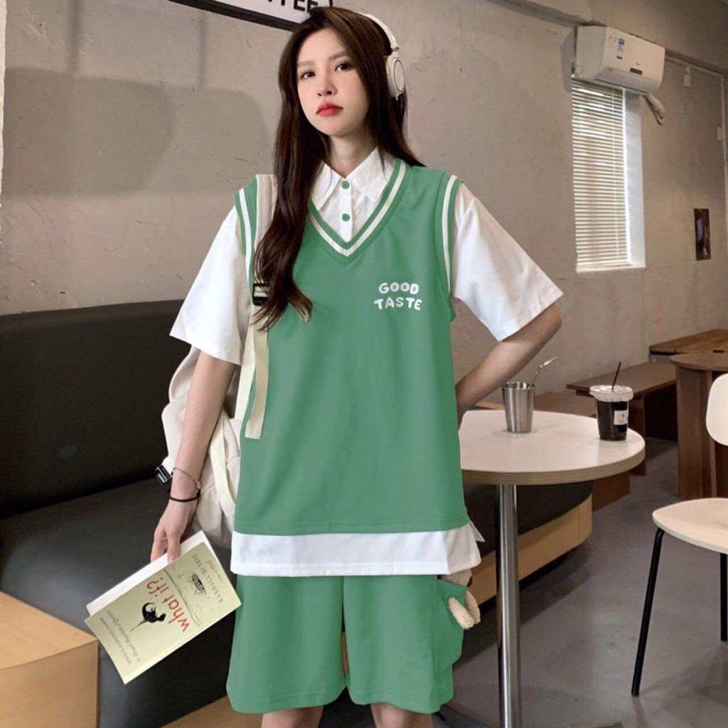 [ MẪU HÓT ] Set Bộ Nữ Good Tastle Kèm Gấu Chất Liệu Cotton màu xanh  SIEU KUTE