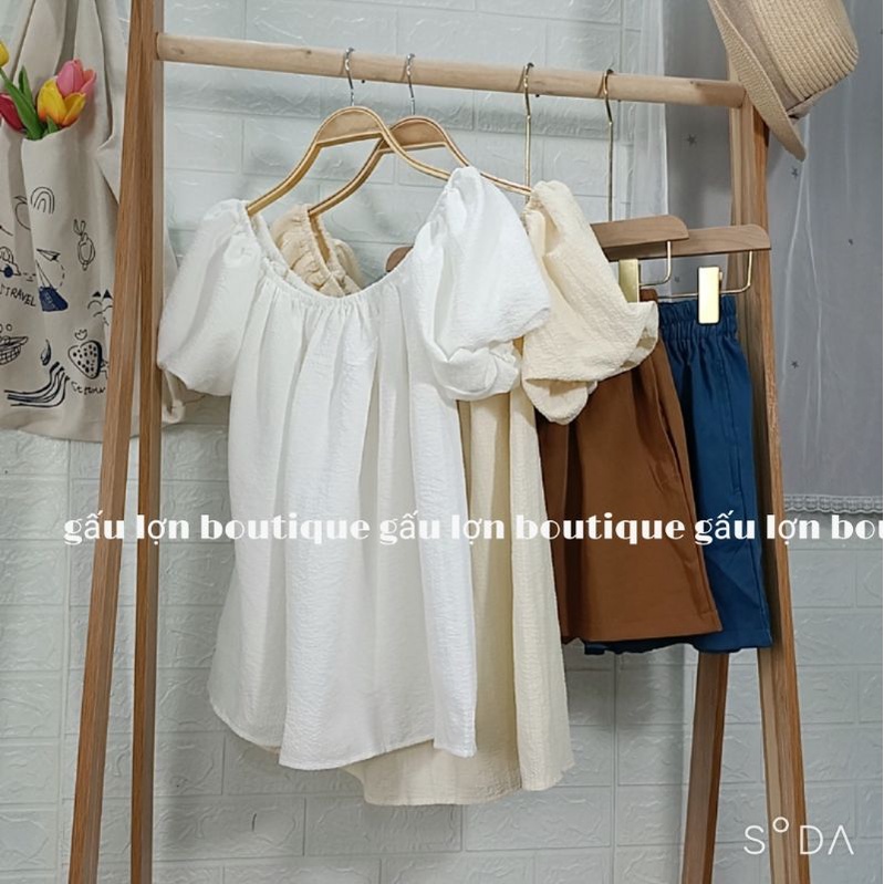 set áo babydoll bẹt vai kèm quần short ảnh thật