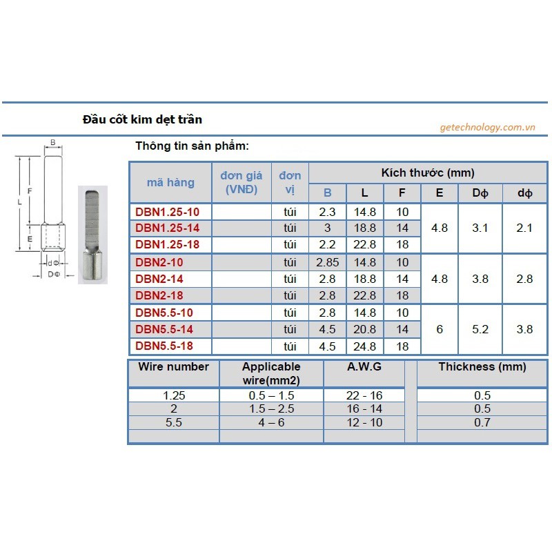 100 chiếc Đầu cốt kim dẹt, đầu cos kim dẹt trần DBN1.25-10/14, DBN2-10/14, DBN5.5-10