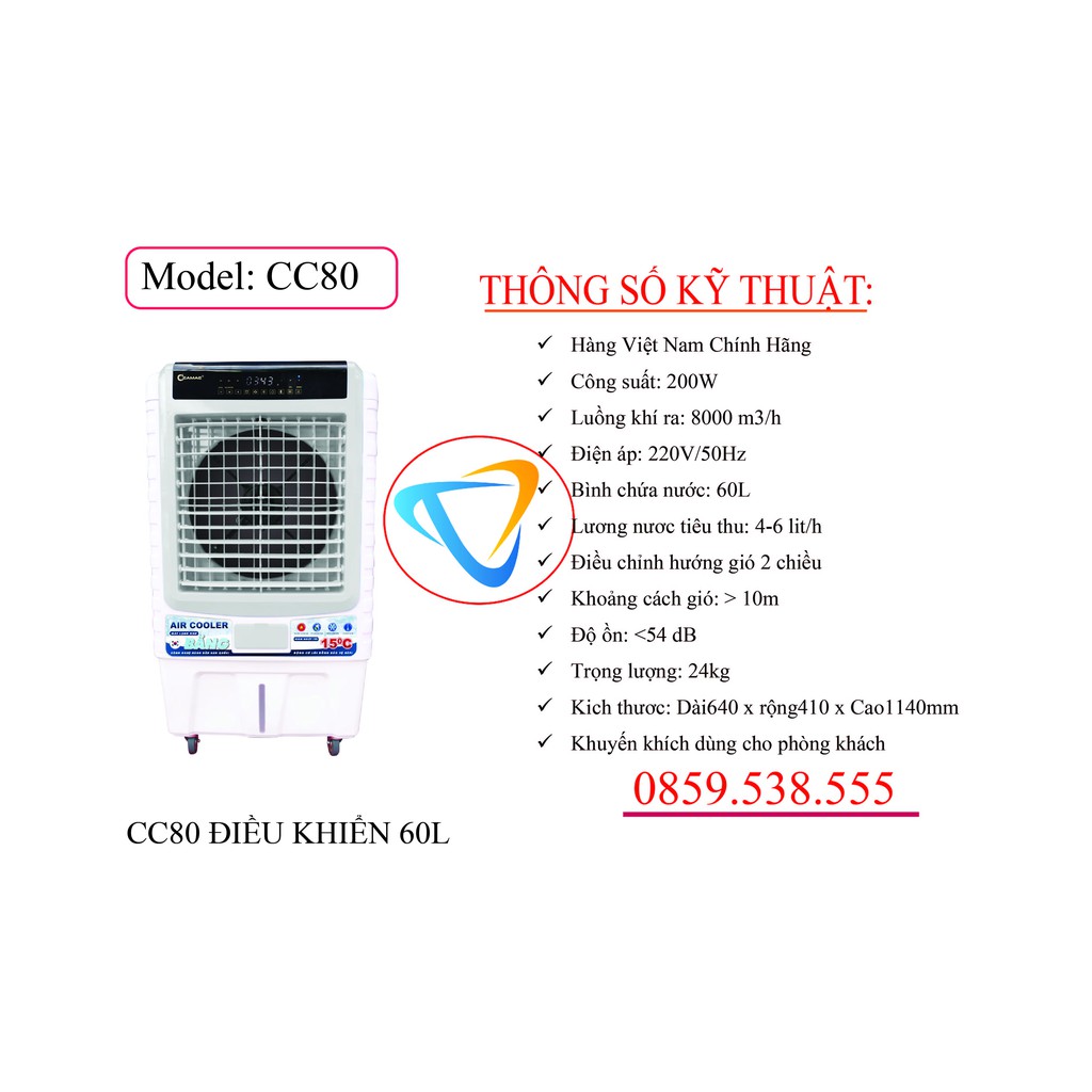 QUẠT ĐIÈU HÒA CAMAC CC80 - HÀNG VIỆT NAM Cam kết Chính Hãng Motor Đồng, Bảo Hành 2 năm, Tặng Kèm 2 hộp đá gel siêu mát