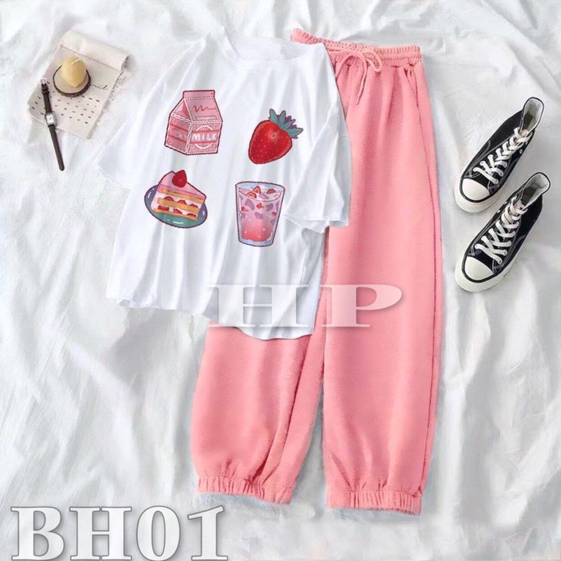 Sét áo in hình kèm quần bom hồng TH6
