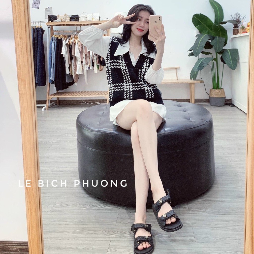 Áo gile len họa tiết sọc caro,Áo len không tay gấu rách