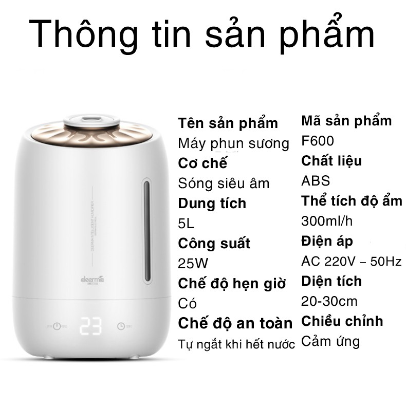 Máy Phun Sương Tạo Độ Ẩm Không Khí F600 Dung Tích 5L Màn Hình Cảm Ứng Hẹn Giờ, 3 Chế Độ Sương Mù Có Thể Điều Chỉnh Cho G