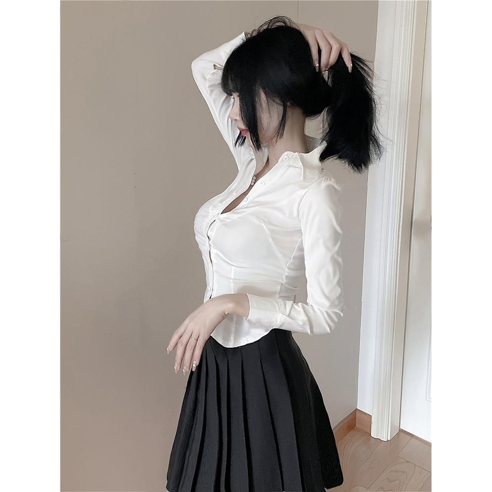 Áo sơ mi trắng tay dài ôm dáng thời trang mùa thu phong cách Hàn Quốc mới cho nữ