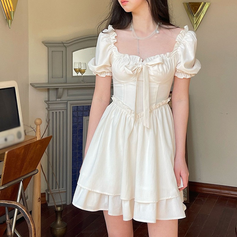 Đầm Tay Phồng Cổ Vuông Màu Trơn Ôm Dáng Phong Cách Retro Pháp