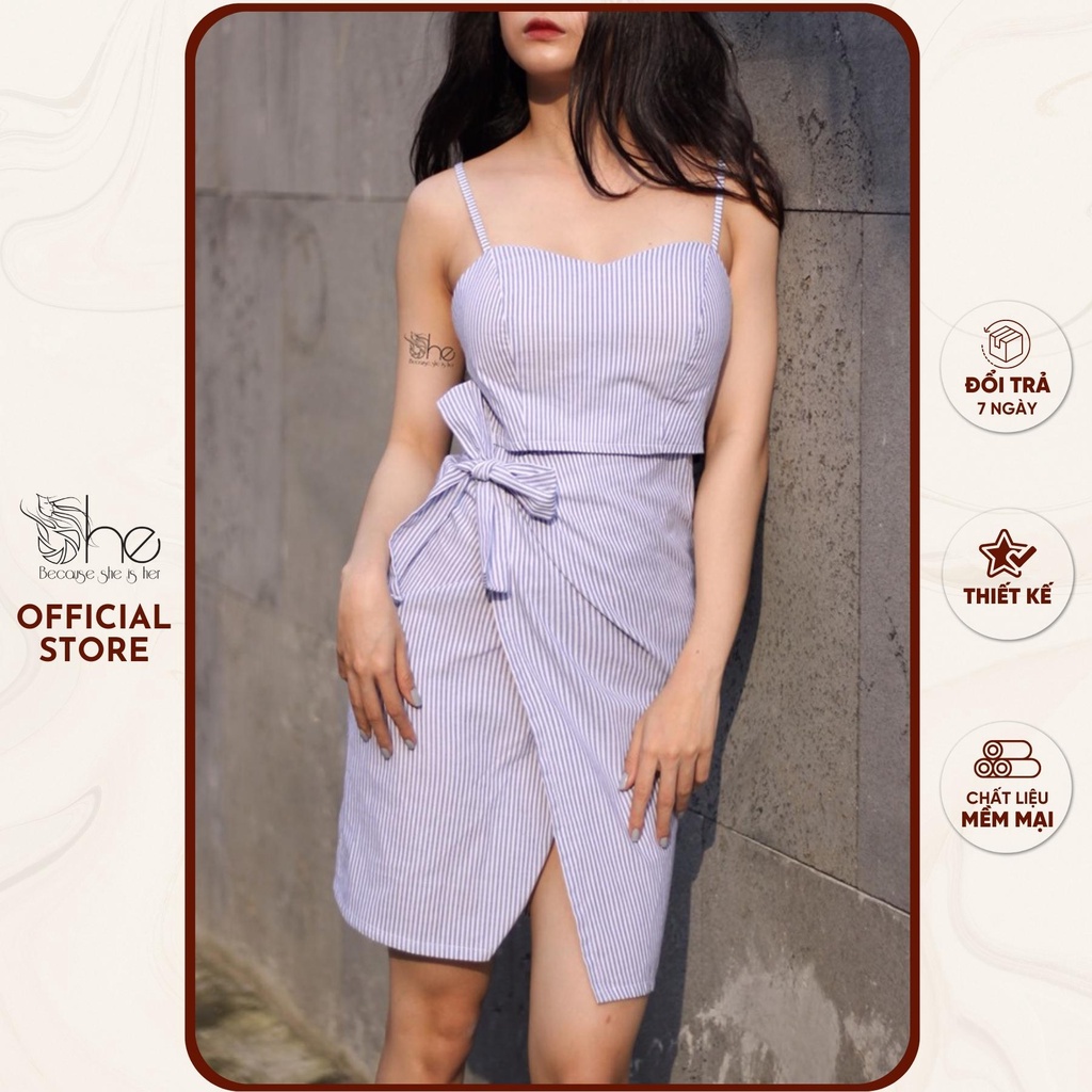 Đầm hai dây sọc đắp eo | PD01