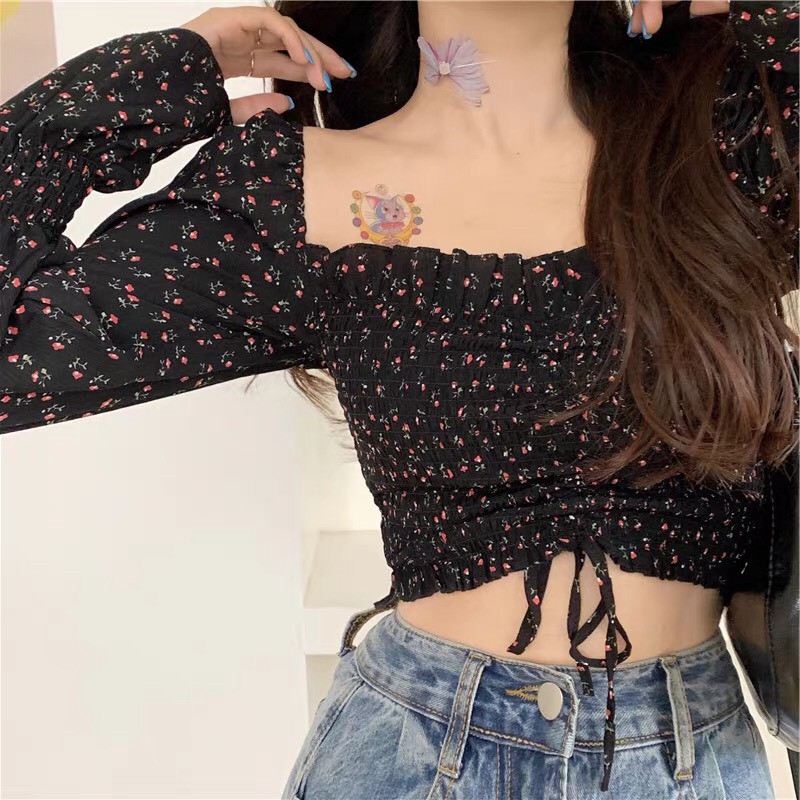 Áo croptop voan trễ vai ulzzang rúm ngực hoa nhí siêu xinh