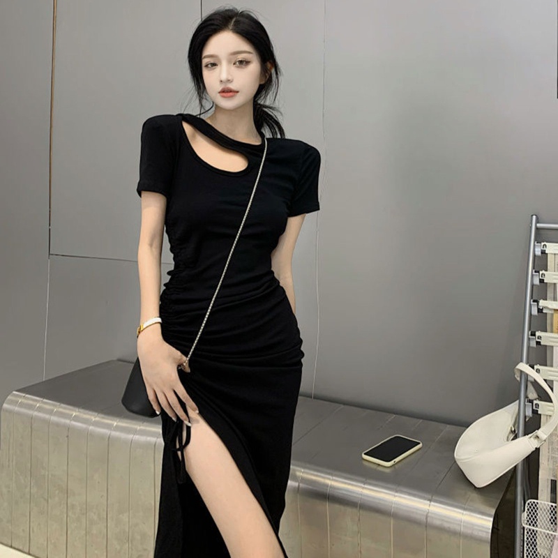 Đầm Midi Tay Ngắn Cổ Tròn Màu Sắc Đơn Giản Thời Trang Mùa Hè Quyến Rũ Cho Nữ