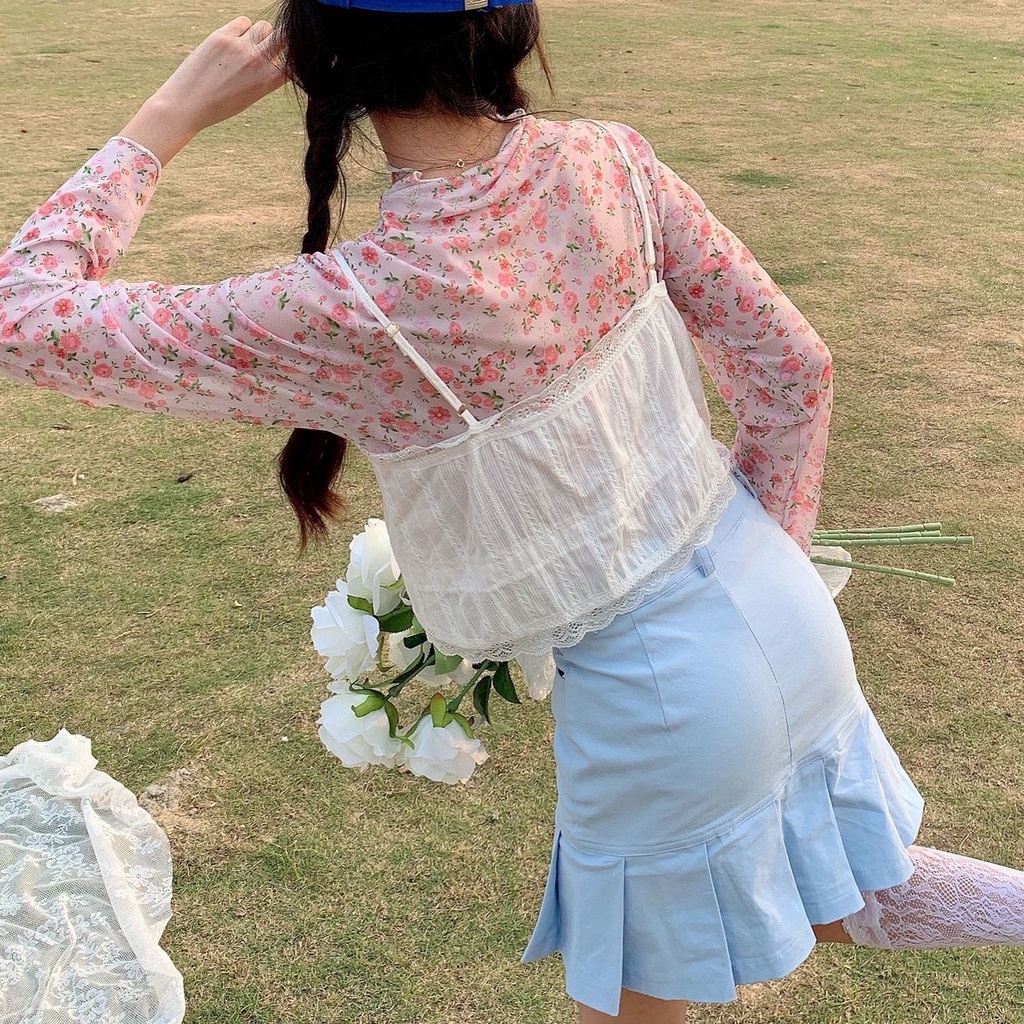 Áo Thun Lưới Hoa Cổ Cao Tay Dài Chống Nắng Phong Cách Thời Trang Nhật Bản