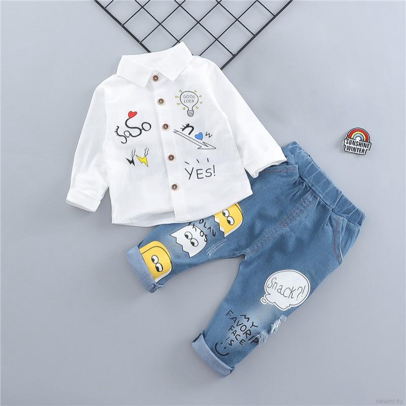 Set áo tay dài + quần jeans phong cách Hàn Quốc cho bé trai