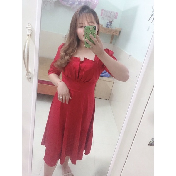 Đầm đỏ nữ dáng dài qua gối xếp li ngực, váy đi tiệc sang chảnh