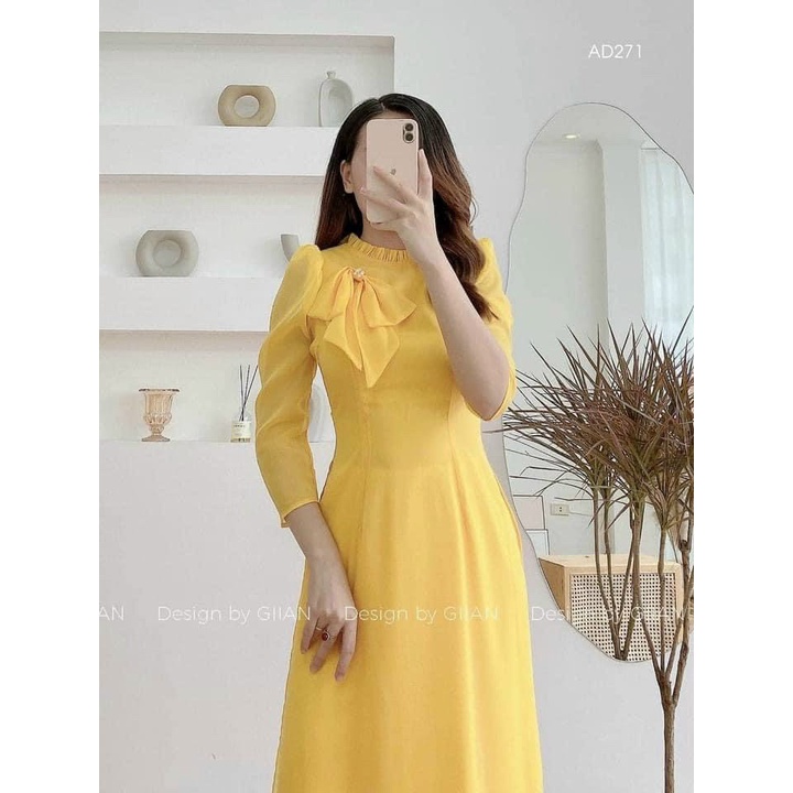 Áo Dài Voan Tơ Óng Tay Bống Đính Nơ-Áo Dài Cà Ri