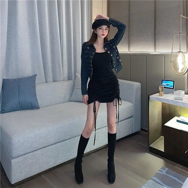 Áo khoác denim tay dài cổ đứng dáng ôm thời trang mùa thu 2020 cho nữ