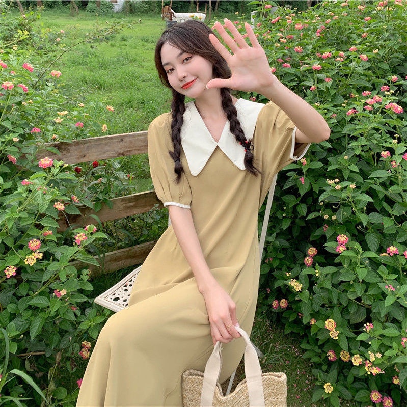 Đầm Tay Phồng Cổ Bẻ Màu Sắc Tương Phản Phong Cách Hàn Quốc Thời Trang Mùa Hè Xinh Xắn Cho Nữ