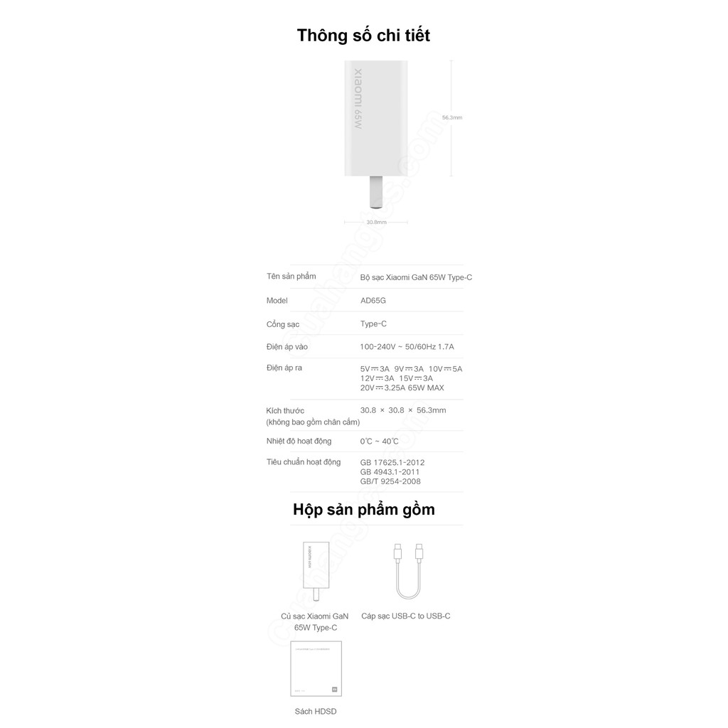 Bộ sạc Xiaomi GaN 65W TypeC AD65G Củ sạc nhanh 65w