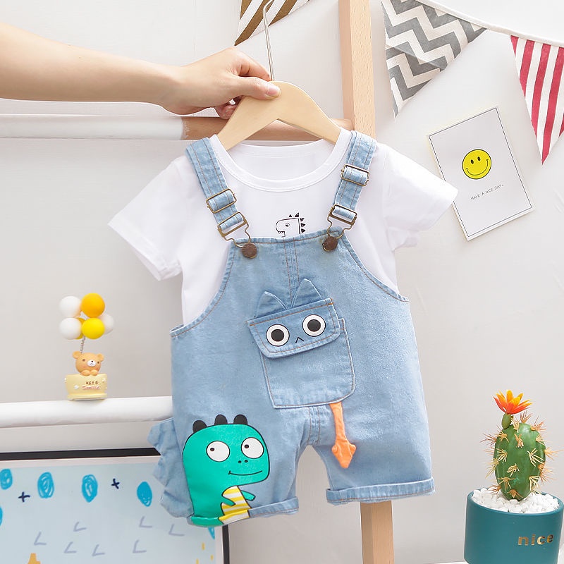 Bộ đồ 2 mảnh gồm áo thun tay ngắn và quần yếm in hình vẽ dễ thương thời trang kiểu Hàn dành cho bé trai và bé gái