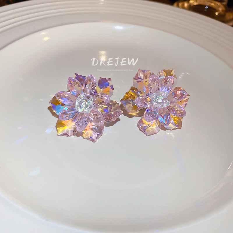 DREJEW Khuyên tai mạ bạc hình hoa đính đá nhiều màu sắc phong cách Hàn Quốc thời trang cho nữ