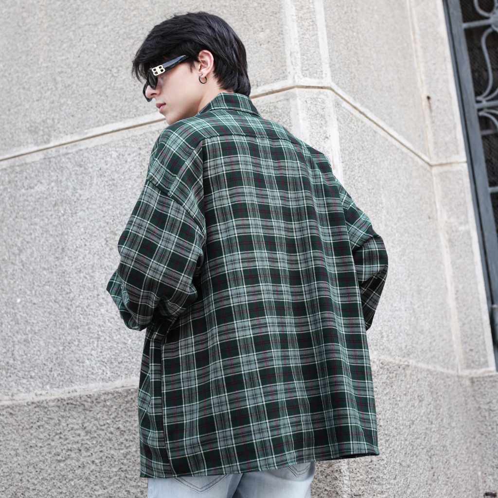 Áo Sơ Mi Flannel Màu Xanh Sọc Tím Form Rộng Thoải Mái Chất Liệu Cotton Thoáng Mát