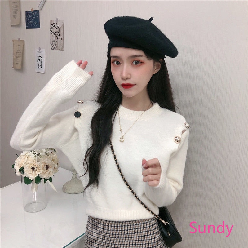 Áo Dệt Kim Tay Dài Cổ Tròn Trễ Vai Phong Cách Phương Tây Thời Trang Mùa Thu Cho Nữ