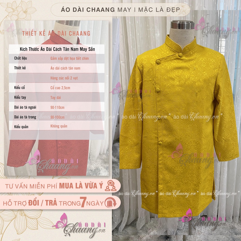Áo dài nam cách tân vàng truyền thống Chaang May sẵn vải gấm cao cấp dự tiệc cưới biểu diễn lễ tết đẹp ADC130