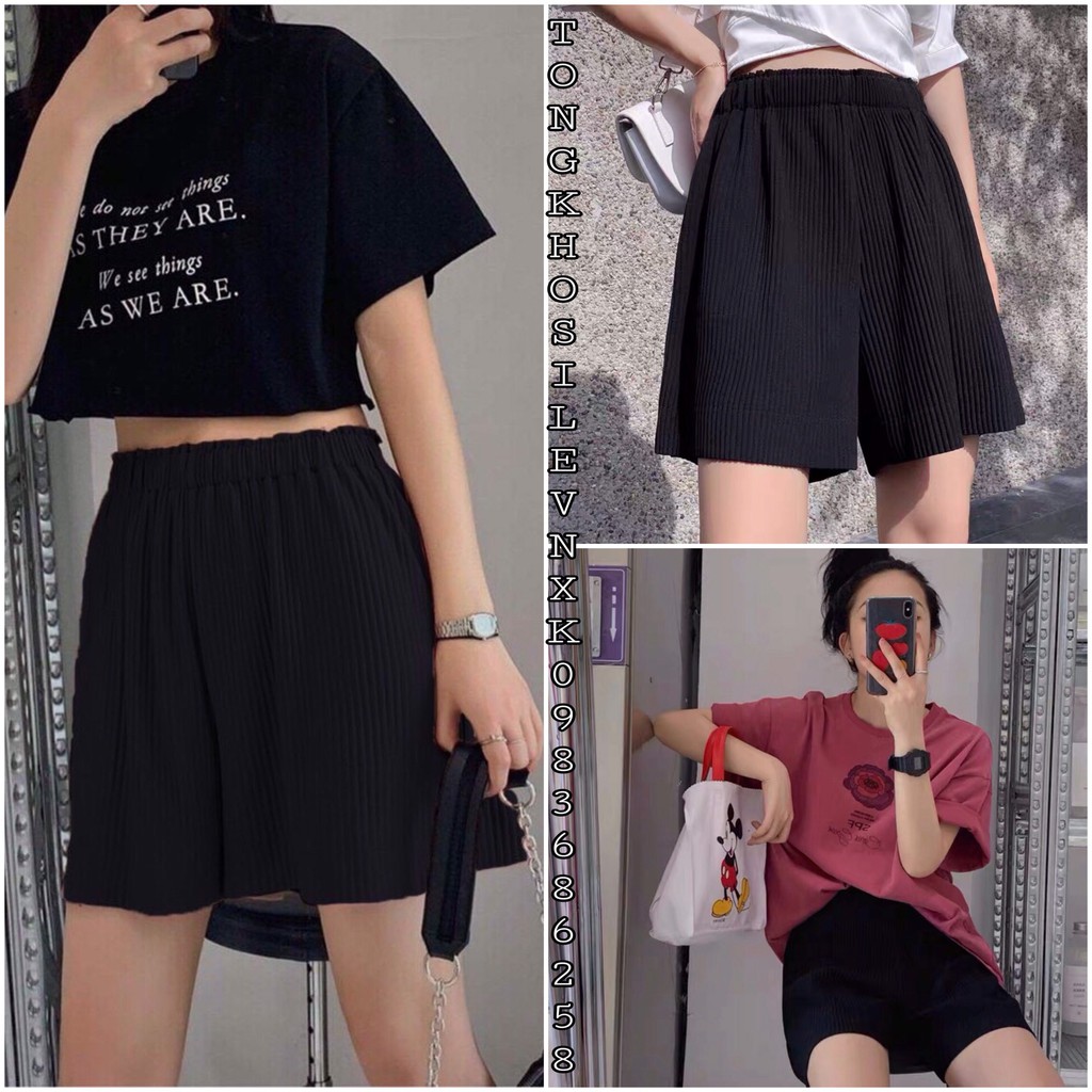 Quần Short Nữ Dập Li Ống Rộng 🦋 Quần Đùi Ngố Nữ CULLOTES Tăm Xếp Ly Cạp Cao Chun Co Dãn Màu Đen