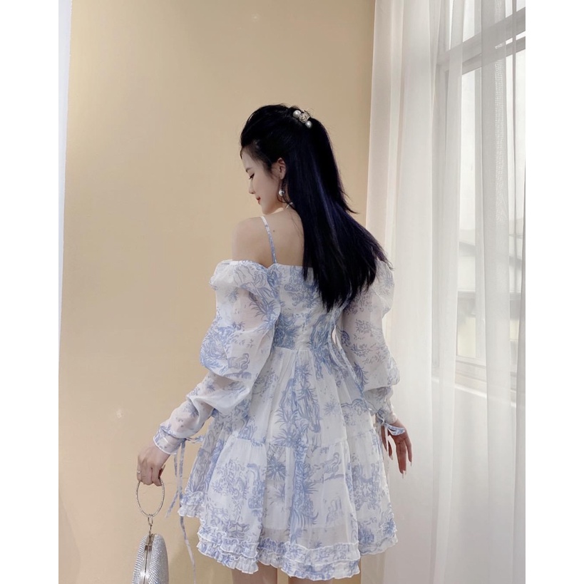 đầm voan hoa bẹt vai nữ tính nhẹ nhàng trong veo pu hhp fashion