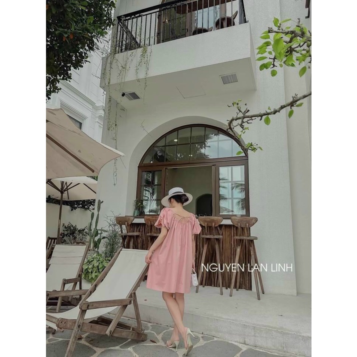 Đầm kate cổ thuyền tay hoa, đầm nữ mixi xếp ly không họa tiết
