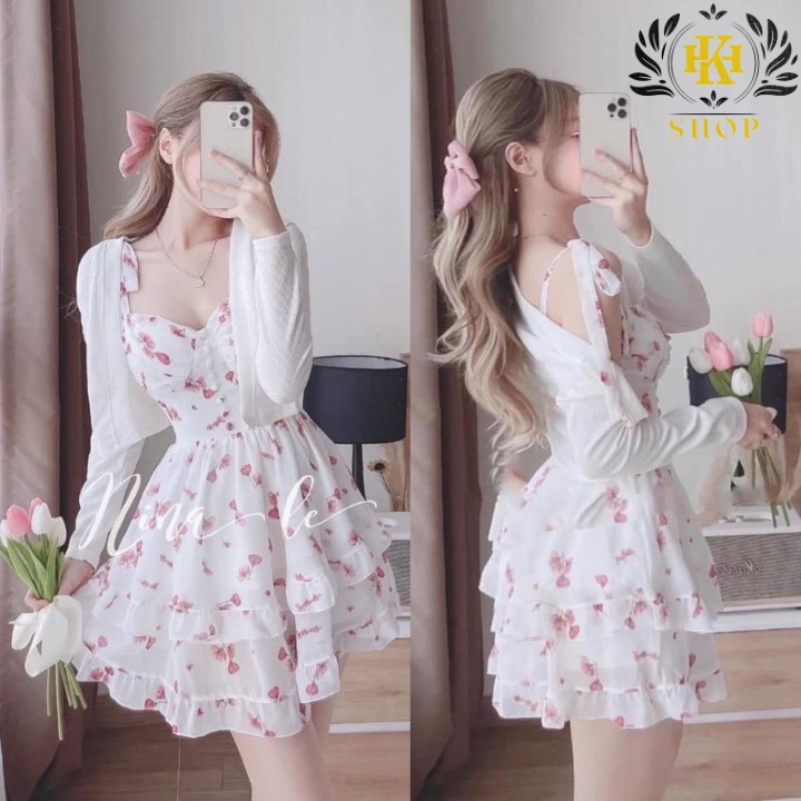 Váy 2 dây - Váy hoa nhí 2 tầng kèm áo cadigan, Có mút ngực, Chất vải lụa cao cấp, Thích hợp đi biển dạo phố Hk shop9720