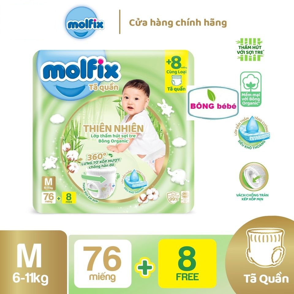 Bỉm quần Molfix thiên nhiên an toàn bông tự nhiên- Ultra M (6kg-11kg)- Gói 76+8 miếng