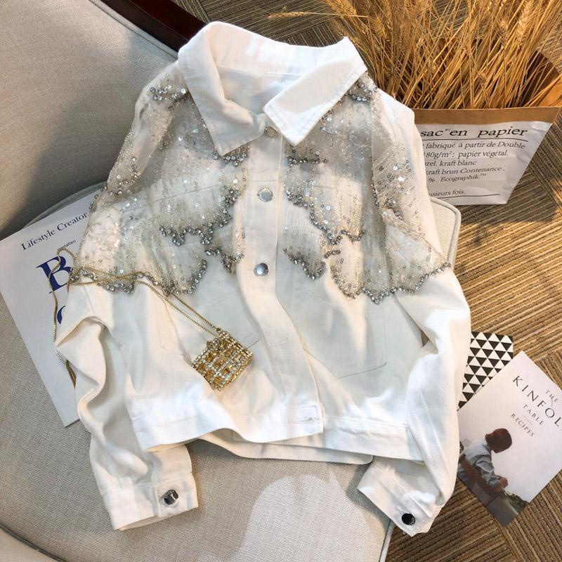 Fry street design sense of minority heavy industry mesh sequins denim jacket women's loose foreign style blouse tide 2022 spring wear