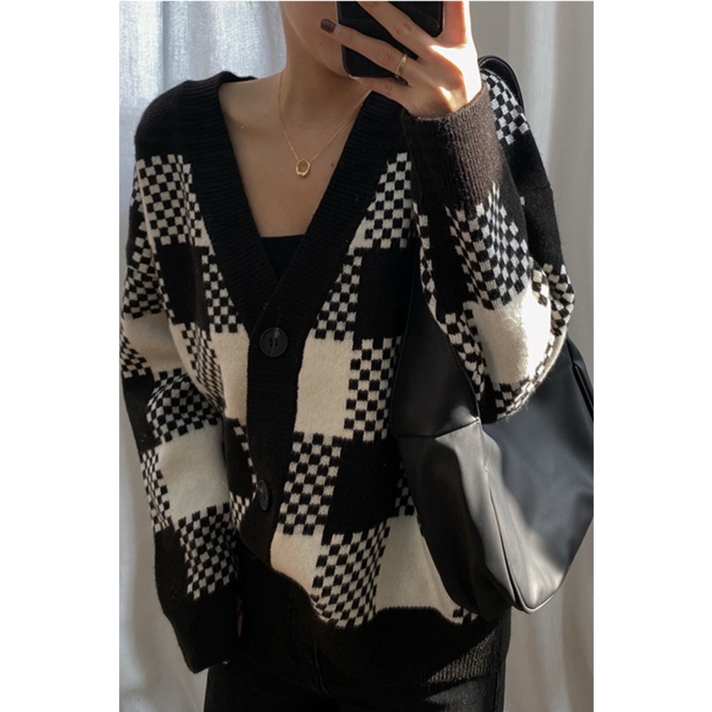 Áo cardigan len nữ Quảng châu họa tiết ô vuông bàn cờ màu đen basic mới nhất thu đông 2022 hot tiktok douyin kozoda AC41
