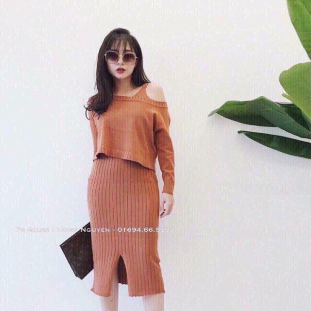 Set len body + áo len lệch vai