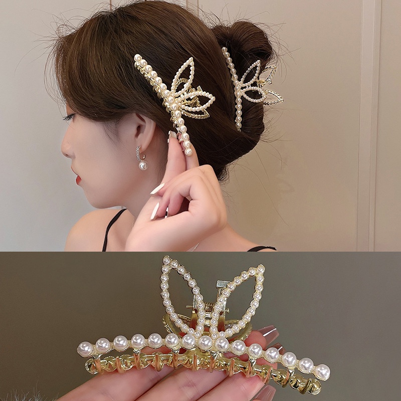 Kẹp Tóc Kim Loại Hình Tai Thỏ Đính Ngọc Trai Dễ Thương