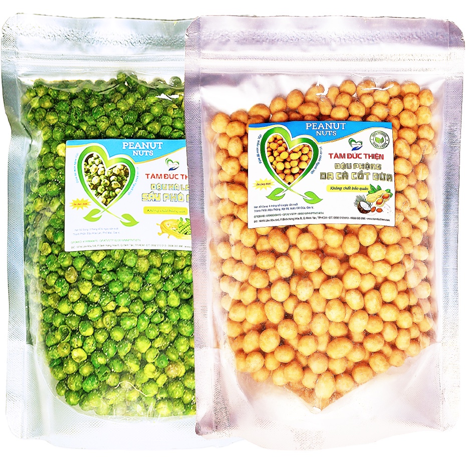Combo 1KG: Đậu phộng da cá nước cốt dừa và đậu hà lan phô mai Tâm Đức Thiện(2 x Túi 500GR)