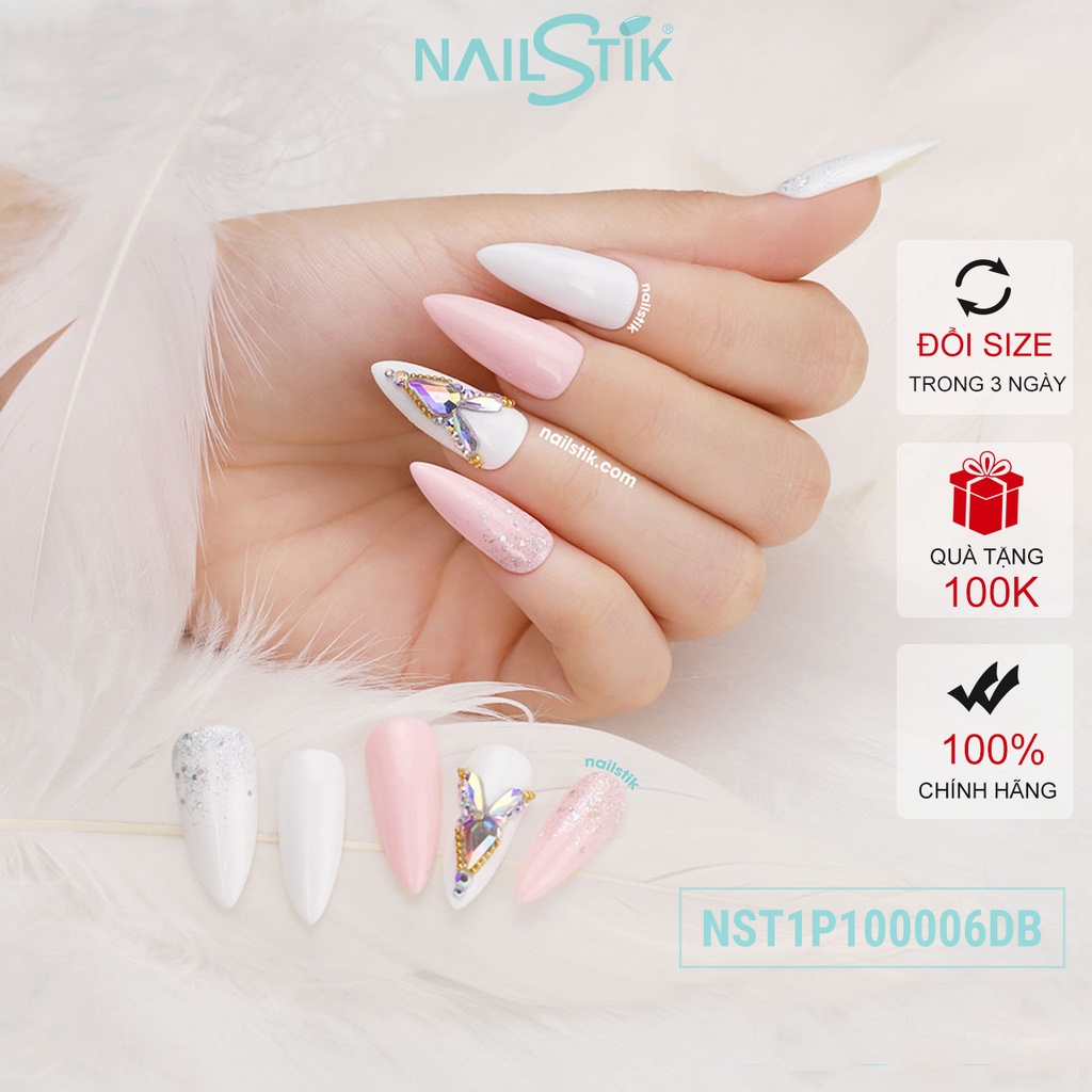 Móng úp thiết kế by NAILSTIK, màu trắng hồng, form móng bầu, dài, 006