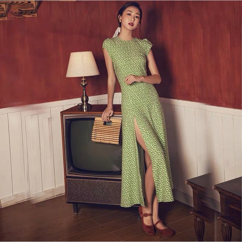 Sẵn - Váy maxi xanh phong cách retro