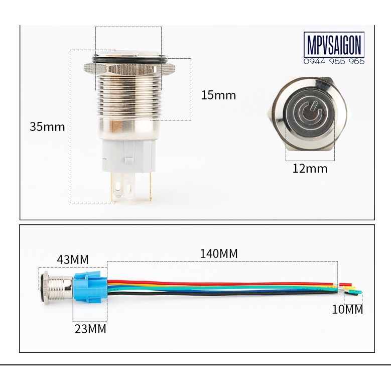 Công tắc nút nhấn 16mm LED hình nguồn nhấn khóa thân ngắn
